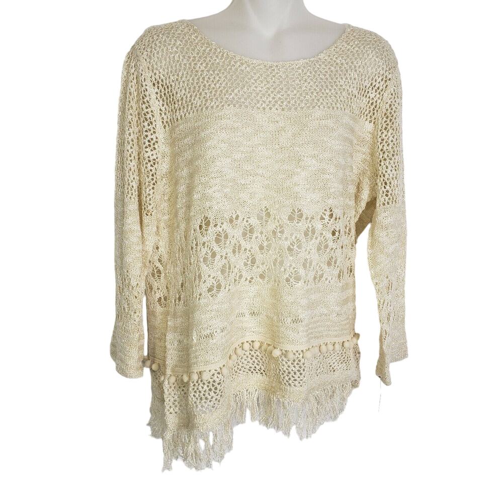 Relativity Womens Sweater Medium Fringed Crochet Open Knit Pom Pom Gold Keyhole